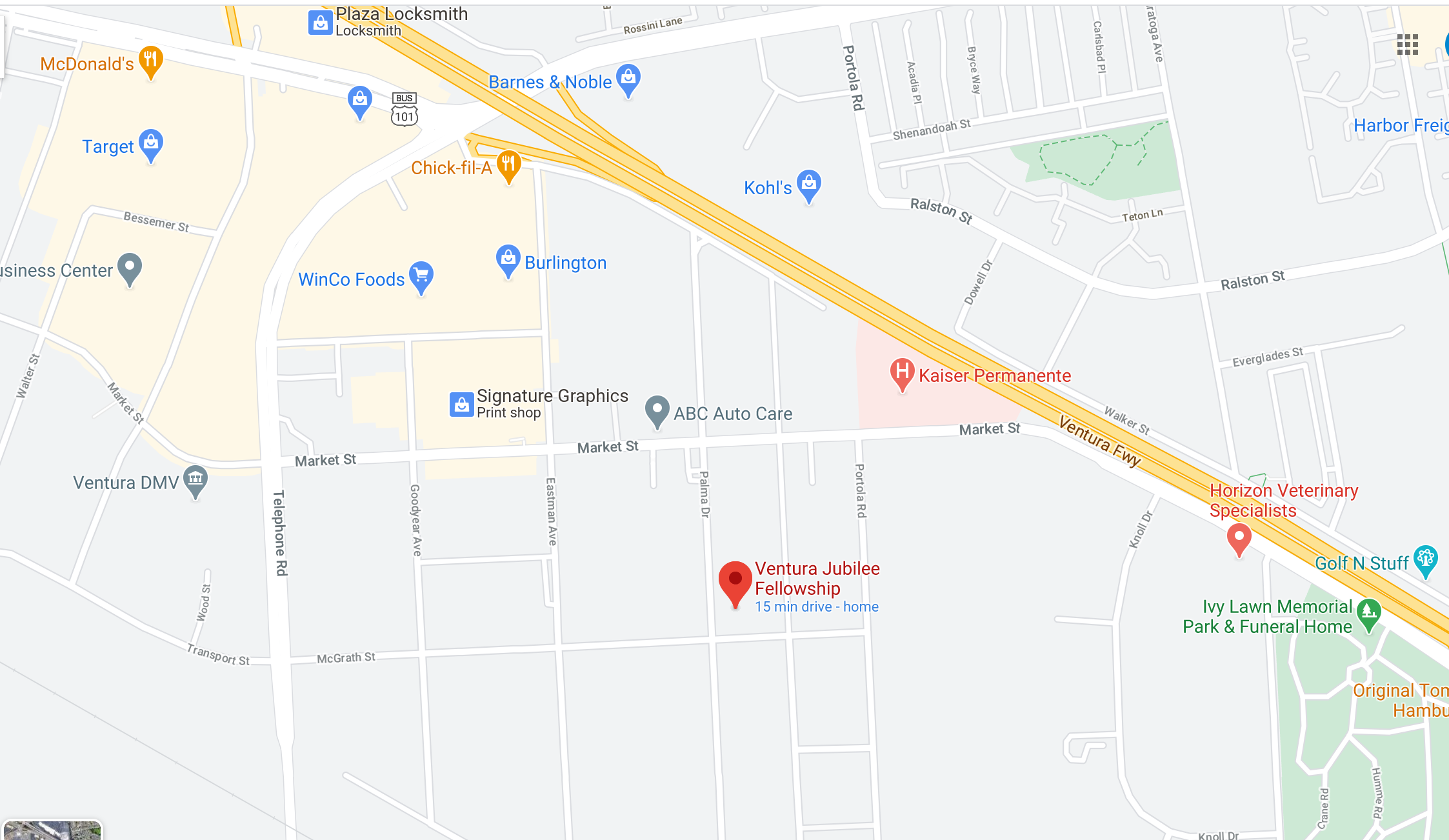 screen capture of map showing location of Ventura Jubilee Fellowship Church in Ventura